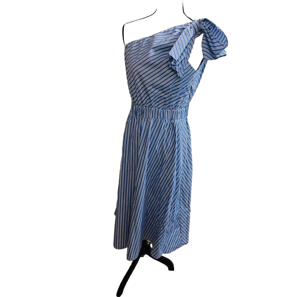 CUPIO One Shoulder Spring Fling Dress Sz M Blue White Bow Detail Fit Flare NWT
